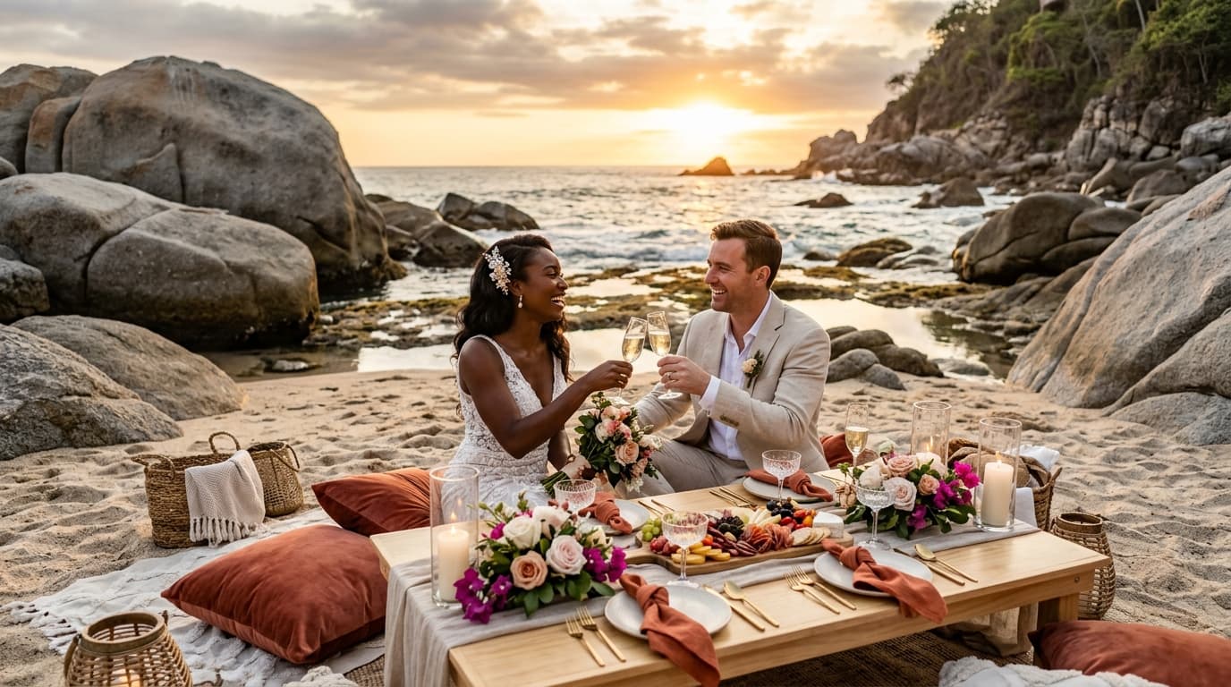 Sunset Charcuterie & Champagne: Designing an Elopement Beach Picnic in Conchas Chinas